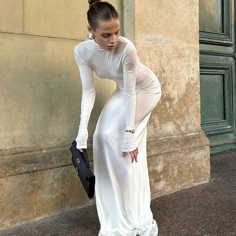 Bxucca | High-Collar Long-Sleeve Dress for Women – Slim-Fit Hip-Covering Solid Color Long Gown