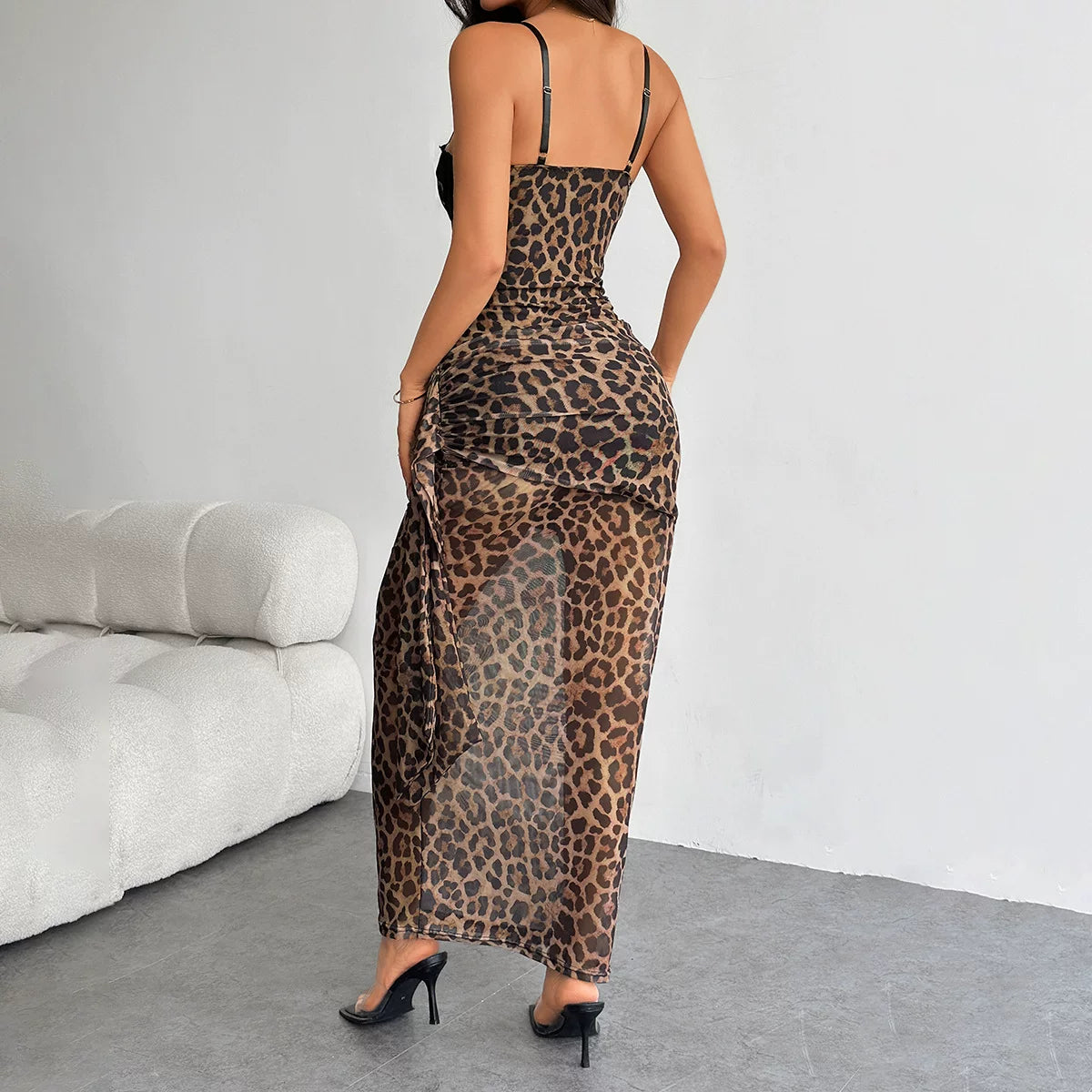 Bxucca | Leopard Print Lace Suspender Dress for Women – Slim-Fit Pleated Ribbon Skirt