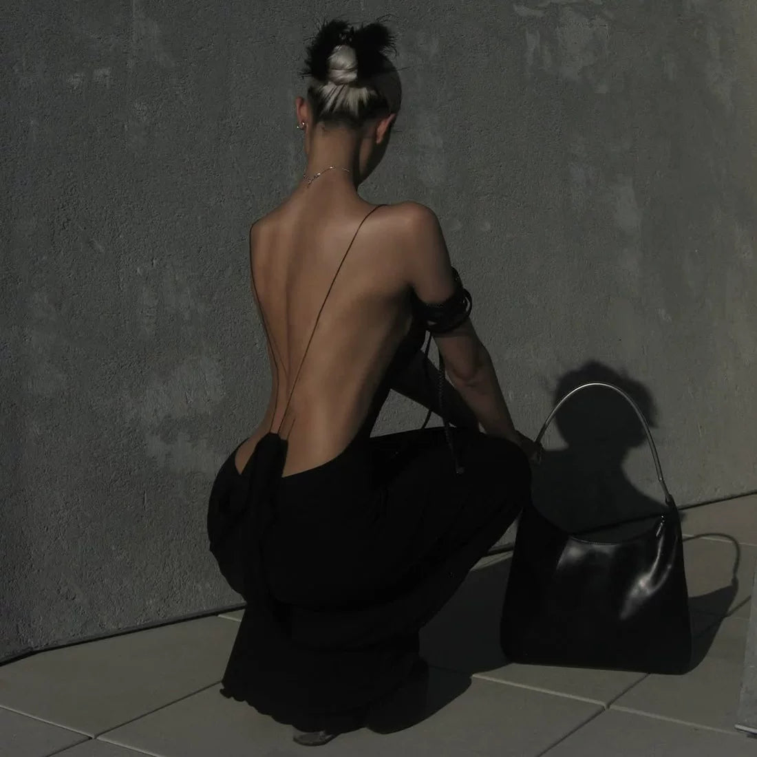 Bxucca | Black Floor-Length Backless Suspender Dress for Women – Slim-Fit Elegant Evening Gown