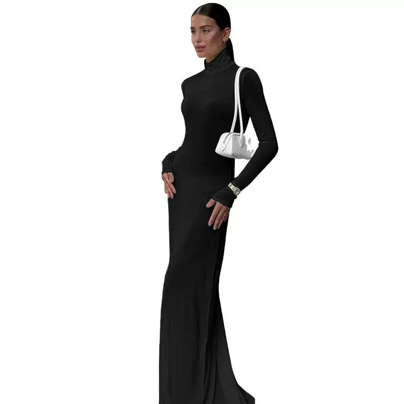 Bxucca | High-Collar Long-Sleeve Dress for Women – Slim-Fit Hip-Covering Solid Color Long Gown