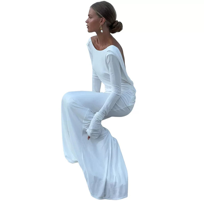 Bxucca | Long-Sleeve Backless Dress for Women – Slim-Fit Elegant Long Skirt Evening Gown