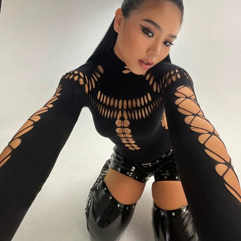 Bxucca | Hollow High-Neck Long-Sleeve Slim-Fit Top for Women – Street Style Summer One-Piece