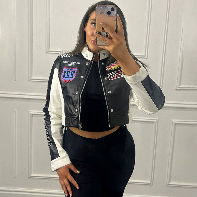 Bxucca | Motorcycle Style Letter Print Zipper Jacket for Women – Slim-Fit Short Trendy Top