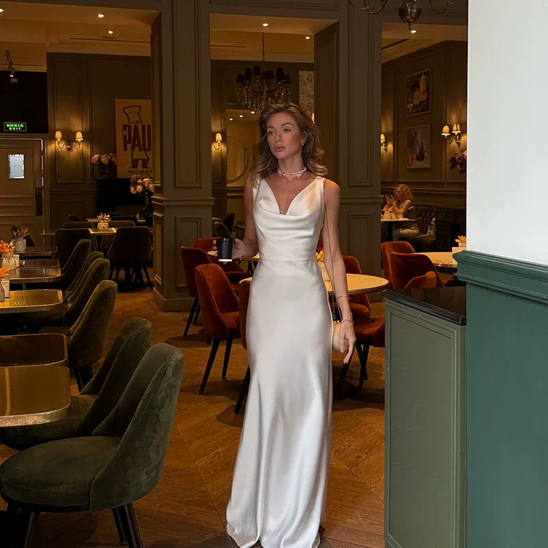 Bxucca | Satin Swing Collar Dress for Women – Slim-Fit Backless Long Evening Gown