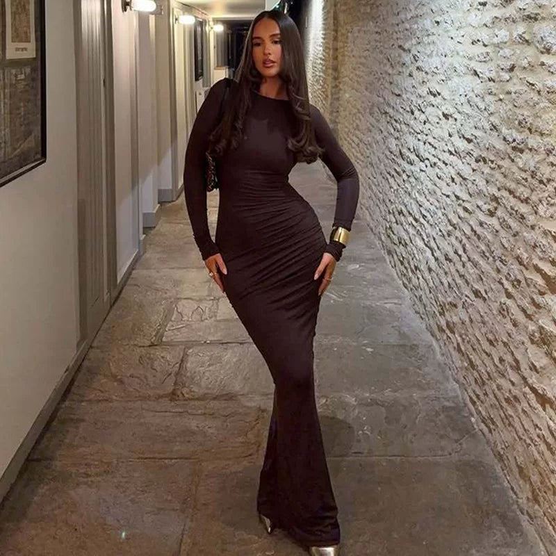 Bxucca | Hollow Slim Backless Dress for Women – Elegant Long Solid Color Evening Gown