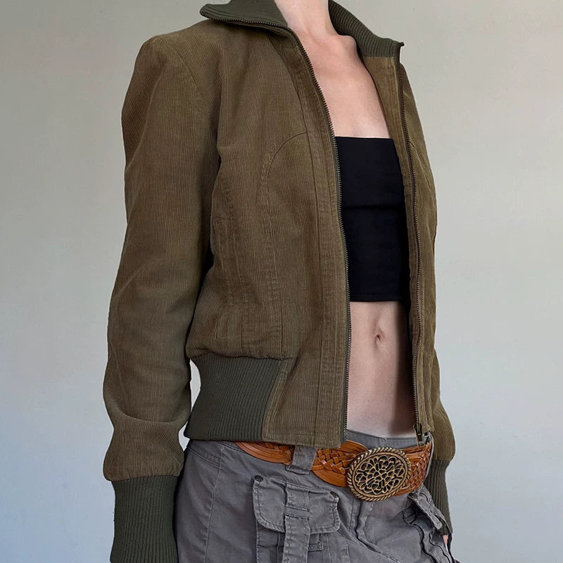 Bxucca | Contrast Corduroy Stand Collar Jacket for Women – Slim-Fit Zip-Up Outerwear