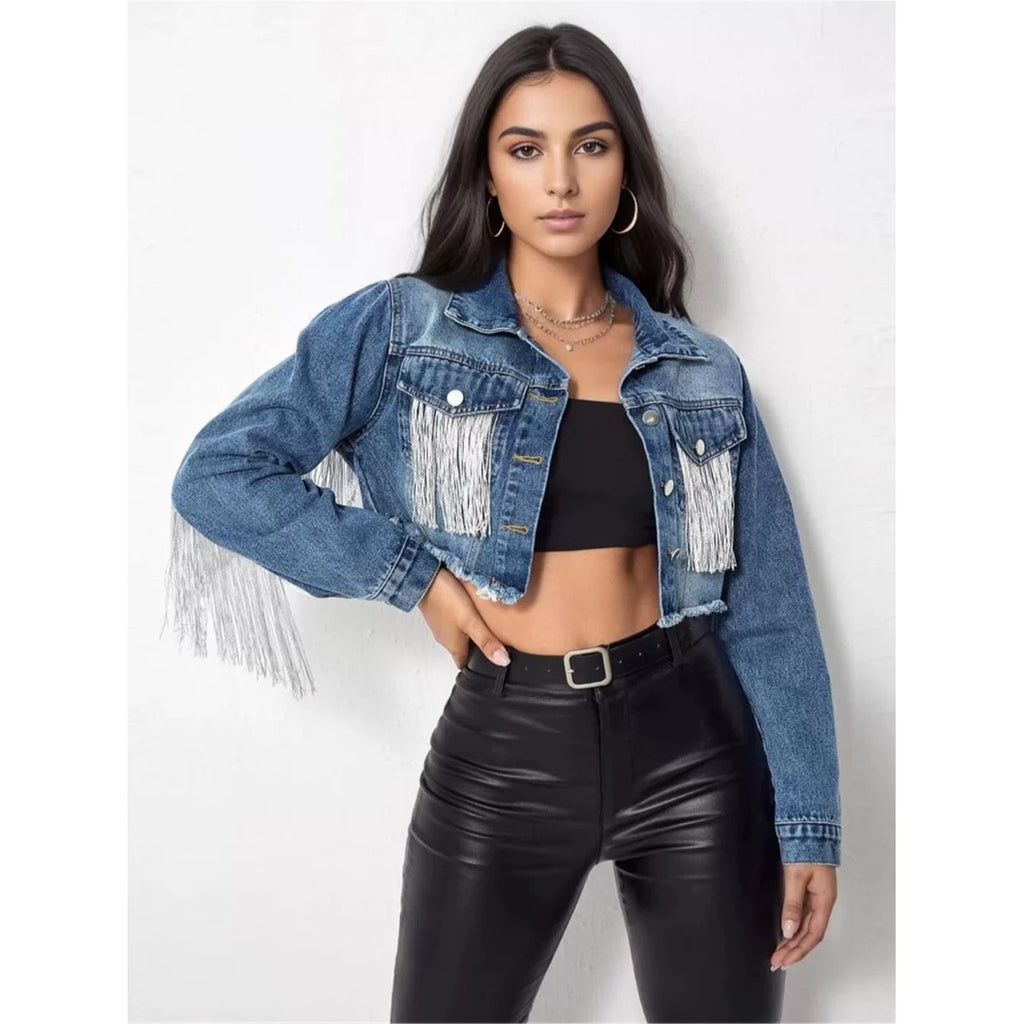 Bxucca | Fringed Denim Short Jacket for Women – Spring & Autumn Trendy Outerwear