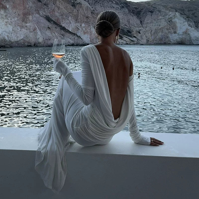 Bxucca | Long-Sleeve Backless Dress for Women – Slim-Fit Elegant Long Skirt Evening Gown