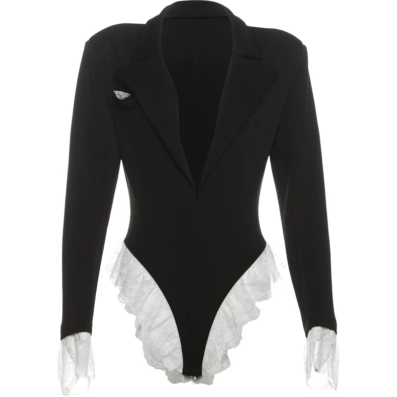 Bxucca | Lace Spliced Deep V-Neck Long-Sleeve Jumpsuit for Women – Slim-Fit One-Piece Top