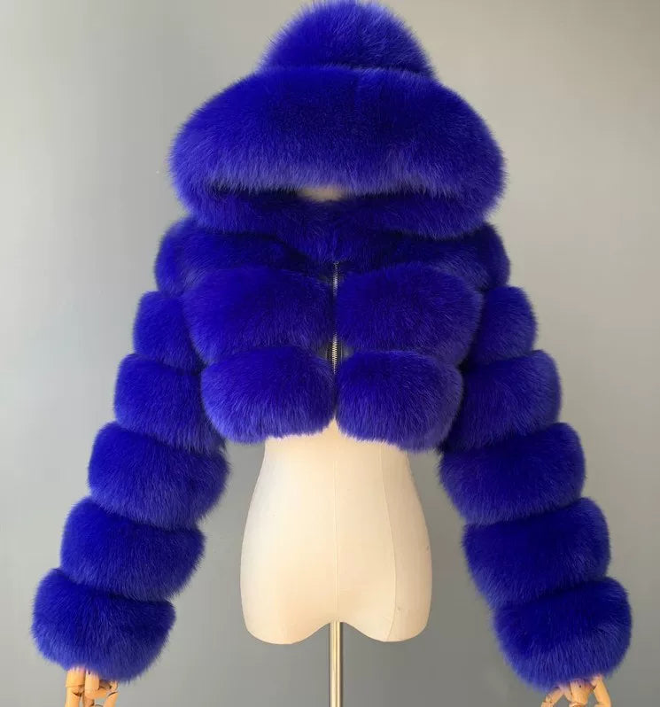 Bxucca | Y2K Faux Fur Hooded Coat for Women – Winter Zip-Up Short Jacket