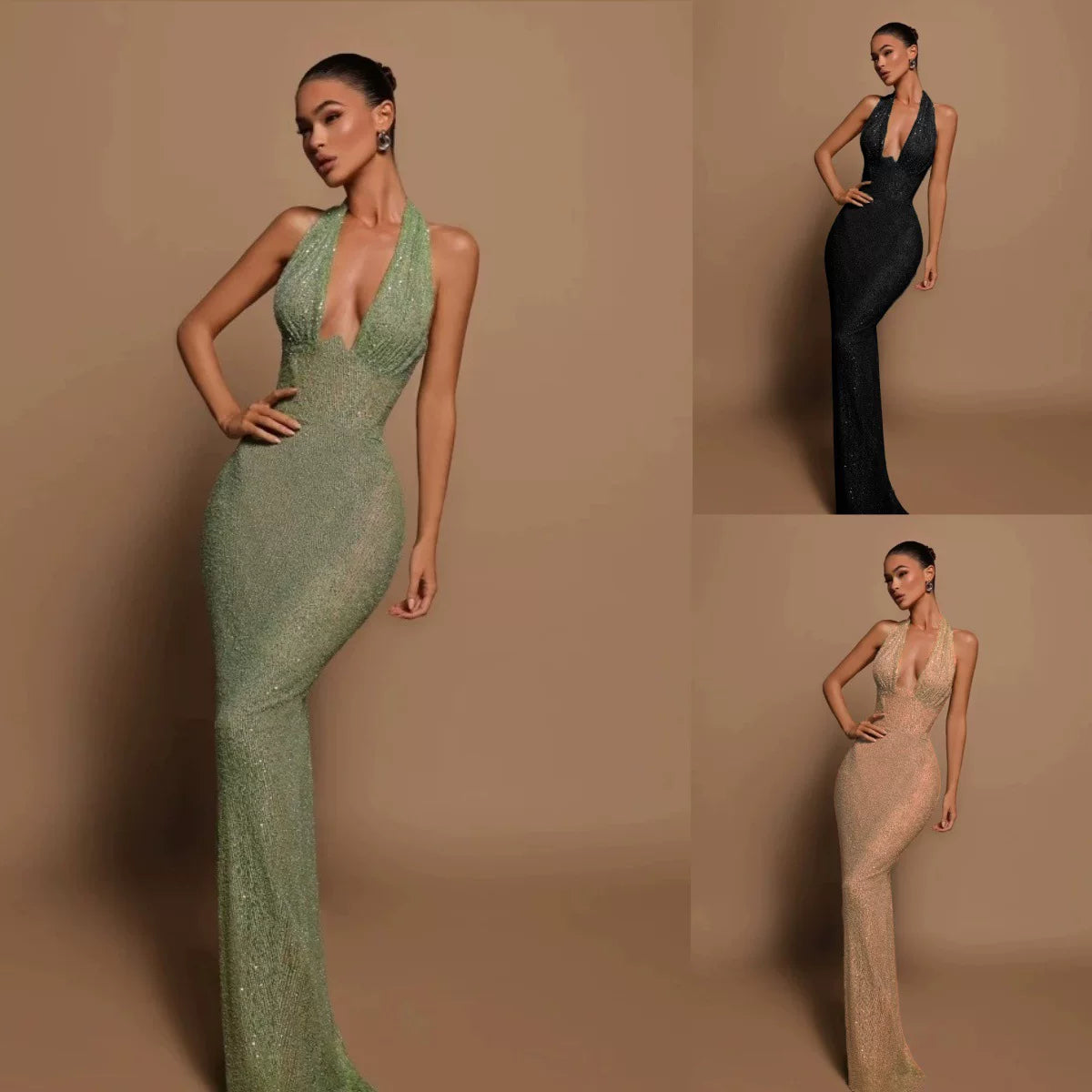 Bxucca | Sequined V-Neck Halter Dress for Women – Sexy Floor-Length Evening Gown