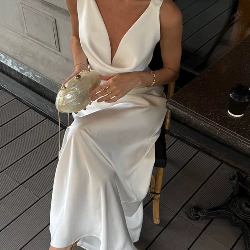 Bxucca | Satin Swing Collar Dress for Women – Slim-Fit Backless Long Evening Gown