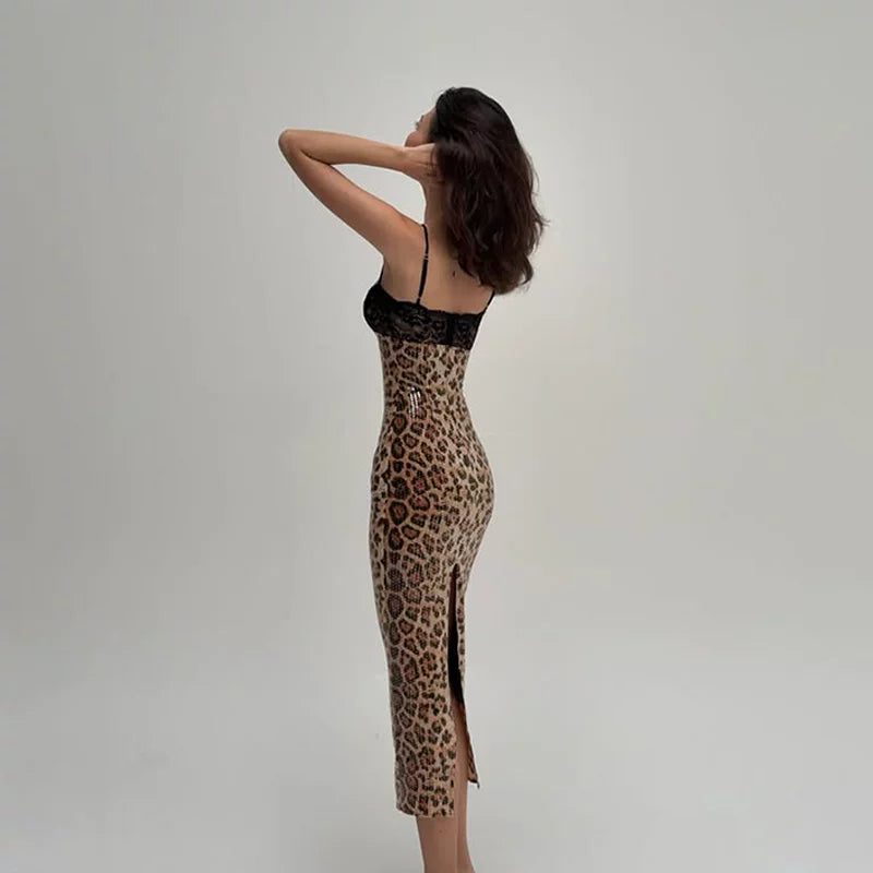 Bxucca | Leopard Print Sequined Suspender Dress for Women – Slim-Fit Lace Slit Evening Outfit
