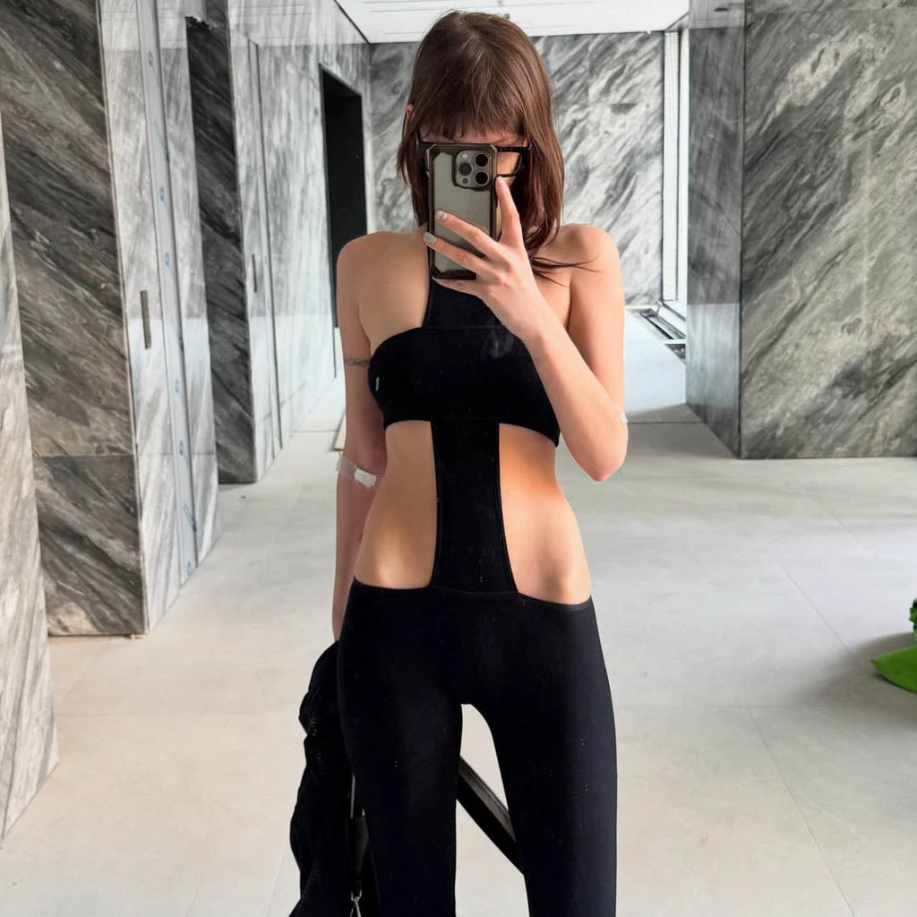 Bxucca | Hollow Backless Halter Neck Jumpsuit for Women – Solid Color Tube Top One-Piece