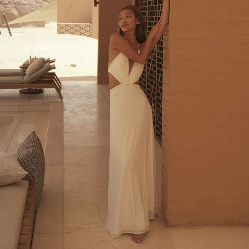 Bxucca | Deep V Halterneck Dress for Women – Elegant Vacation and Beach Party Outfit