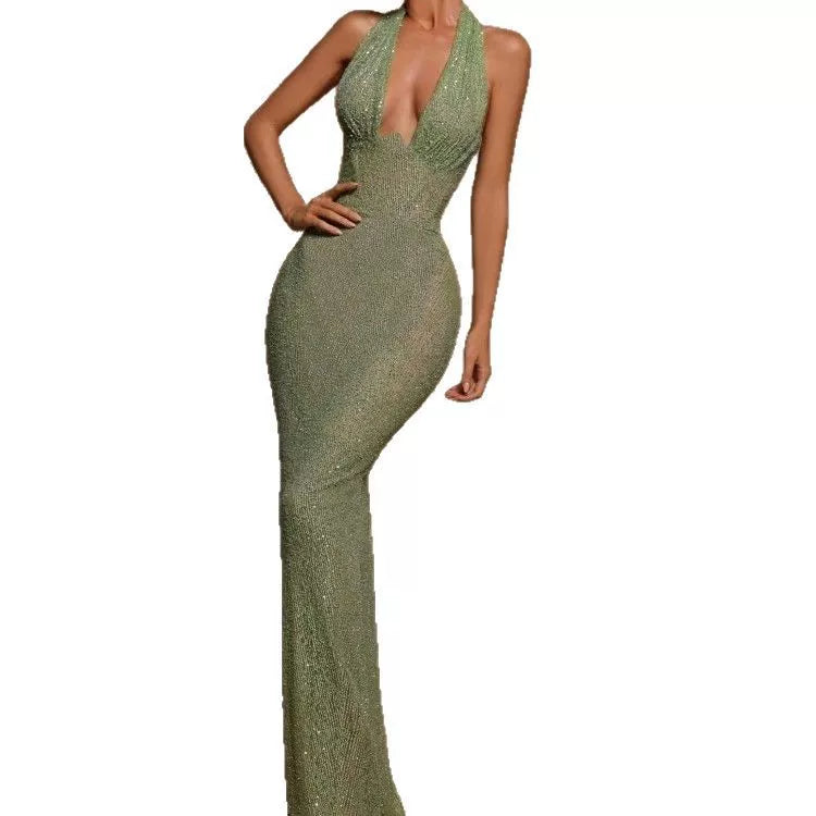 Bxucca | Sequined V-Neck Halter Dress for Women – Sexy Floor-Length Evening Gown