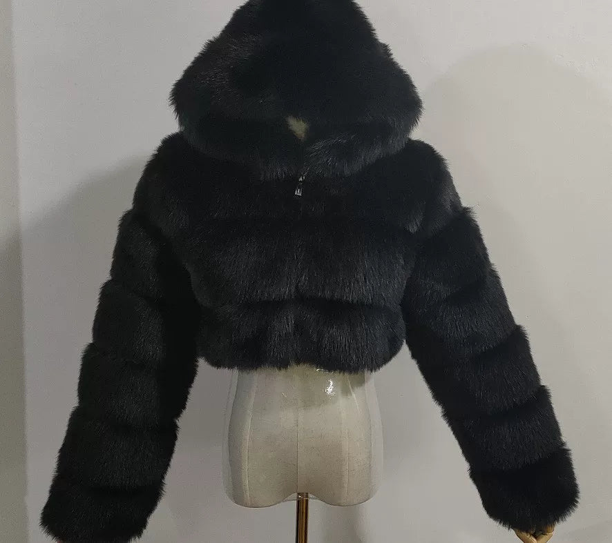 Bxucca | Y2K Faux Fur Hooded Coat for Women – Winter Zip-Up Short Jacket