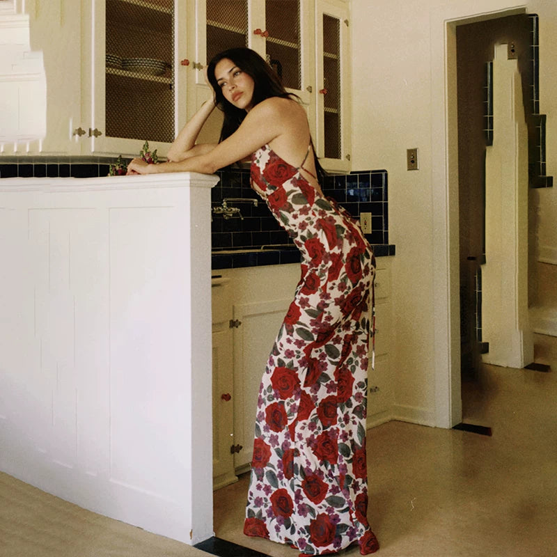 Bxucca | Rose Print Summer Sling Dress for Women – Backless Slim High-Waist Long Skirt