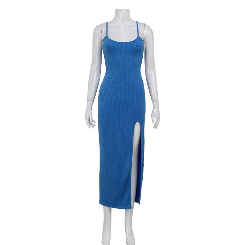 Bxucca | Blue Low-Cut Backless Suspender Dress for Women – High-Waist Summer Resort Long Skirt
