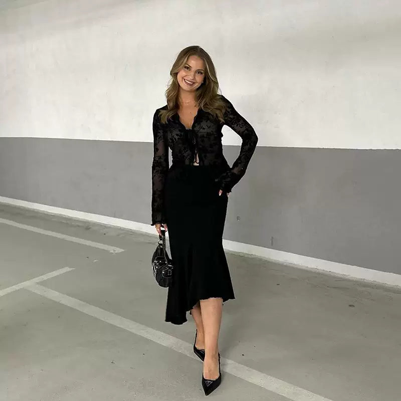 Bxucca | Ruffle Bell Sleeve Velvet Cardigan for Women – Autumn Trendy Open-Front Jacket