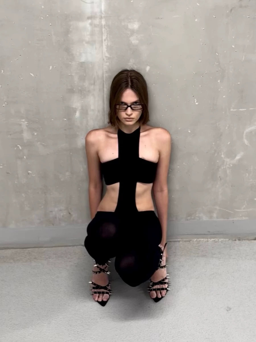 Bxucca | Hollow Backless Halter Neck Jumpsuit for Women – Solid Color Tube Top One-Piece