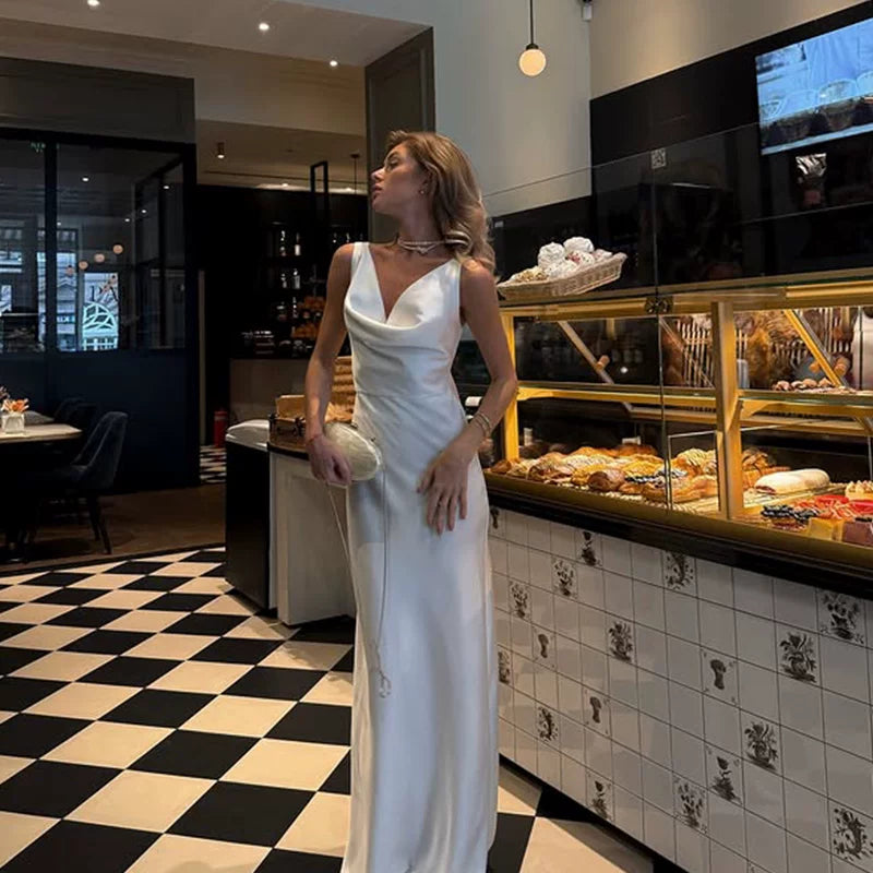 Bxucca | Satin Swing Collar Dress for Women – Slim-Fit Backless Long Evening Gown