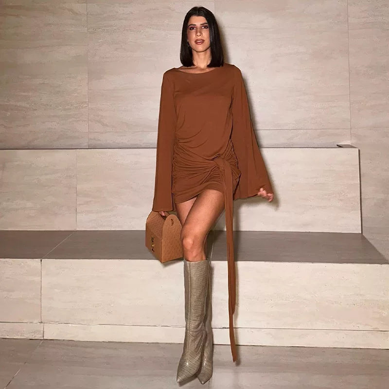 Bxucca | Round-Neck Lace-Up Long-Sleeve Dress for Women – Elegant Casual and Evening Outfit