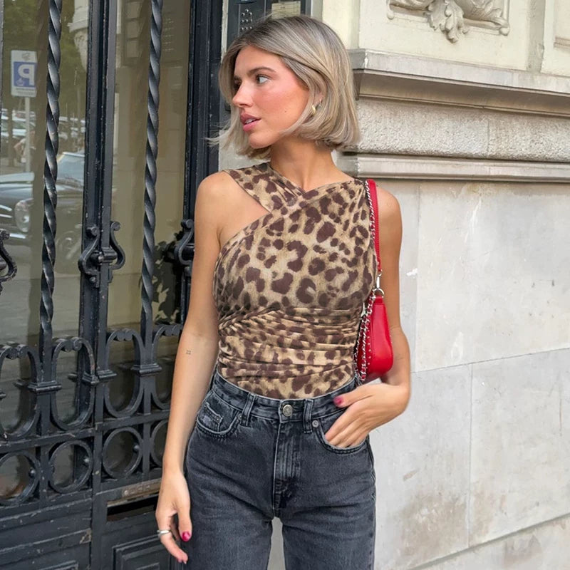 Bxucca | Leopard Print Slant Collar High-Waist Jumpsuit for Women – Slim-Fit Pleated One-Piece