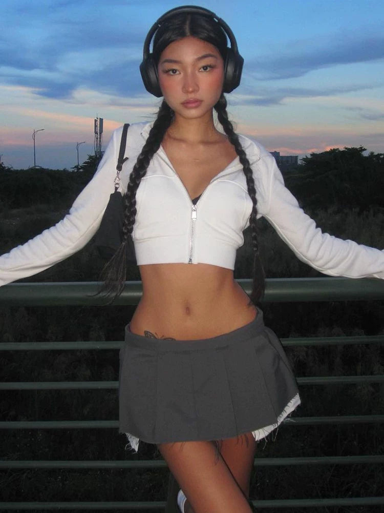 Bxucca | Cropped High-Waist Hooded Zip-Up Jacket for Women – Slim-Fit Long Sleeve Casual Top