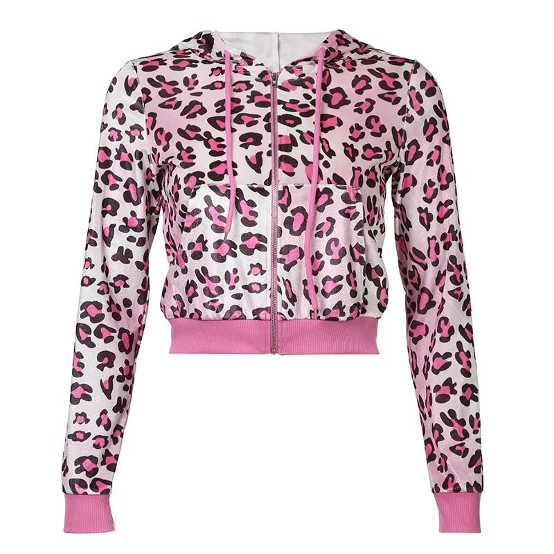 Bxucca | Pink Leopard Print Two-Piece Set for Women – Hooded Long Sleeve Top & Hip-Covering Skirt