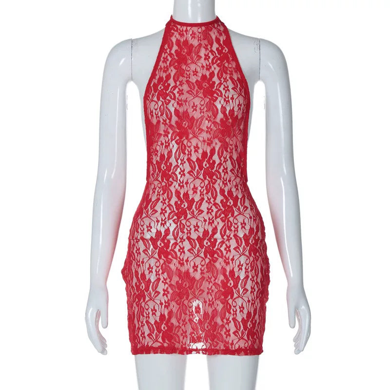 Bxucca | Halter Neck Backless Lace Dress for Women – Slim-Fit Sexy Hollow Evening Outfit