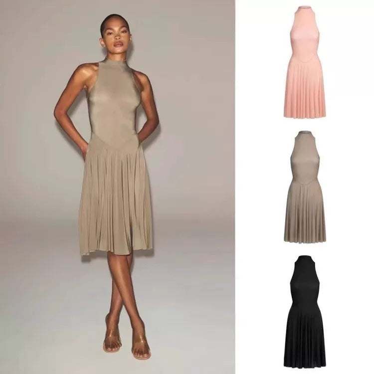 Bxucca | High-Neck Sleeveless Midi Dress for Women – Sheer Pleated Elegant Summer Outfit