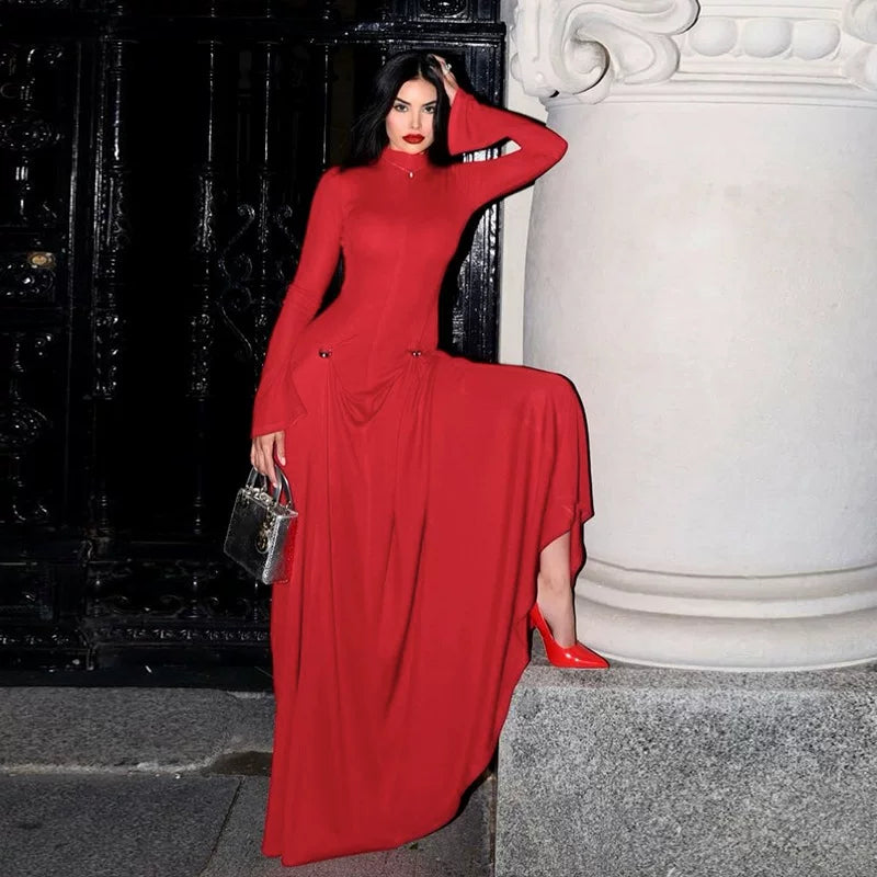 Bxucca | Red Half-Turtleneck Long-Sleeve Dress for Women – Floor-Length Elegant Flared Skirt
