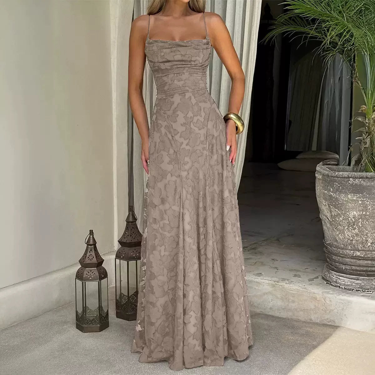 Bxucca | Jacquard Floor-Length Dress for Women – Square Neck Backless Straps Slim Waist Design