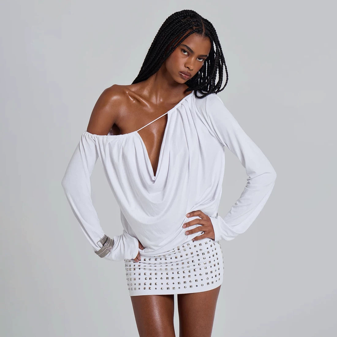 Bxucca | Chic Off-Shoulder Diagonal Neck Dress for Women – Slim-Fit Long Sleeve Evening Outfit