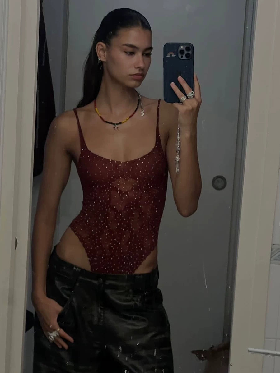 Bxucca | Rhinestone Mesh U-Neck Suspender Jumpsuit for Women – Slim-Fit One-Piece Top