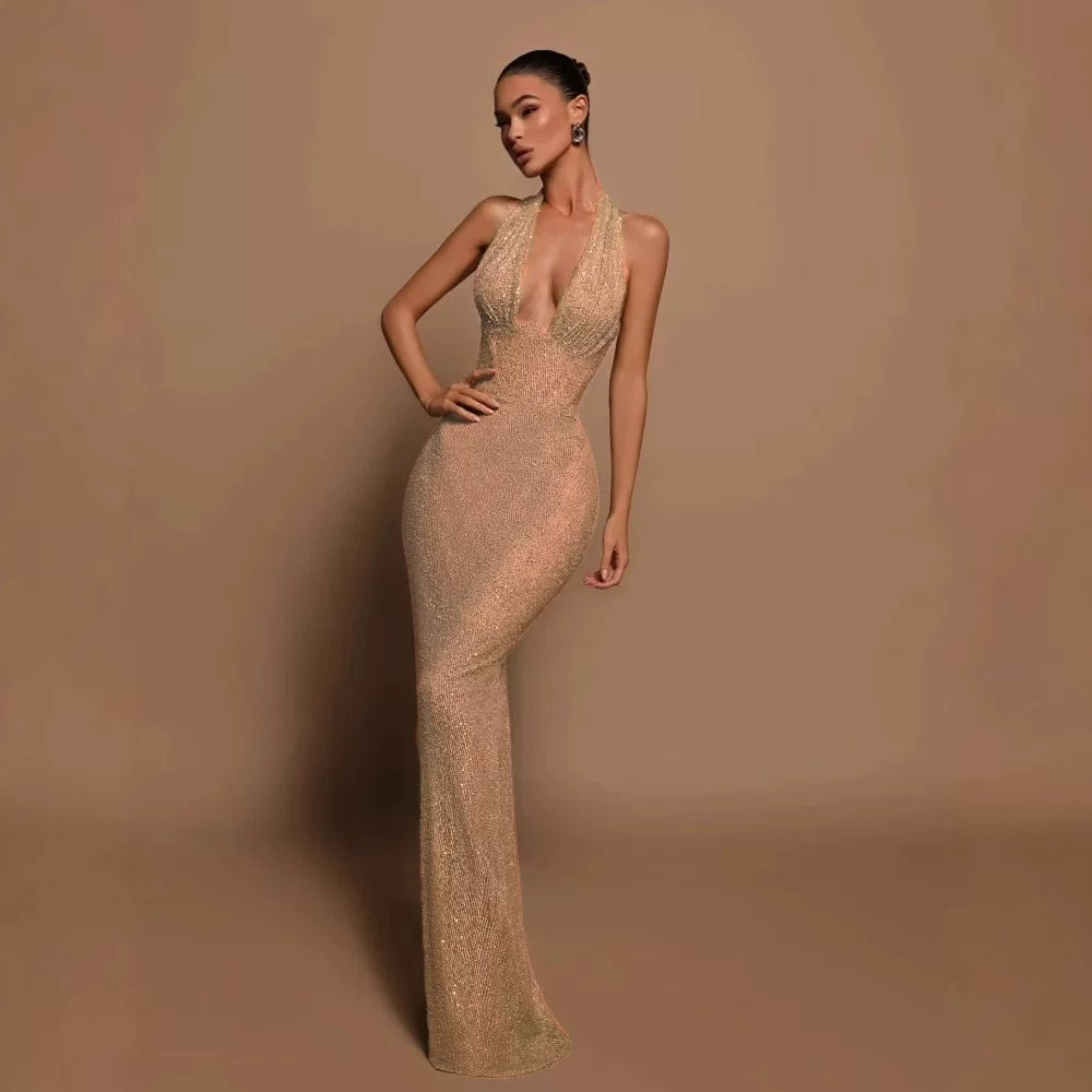 Bxucca | Sequined V-Neck Halter Dress for Women – Sexy Floor-Length Evening Gown