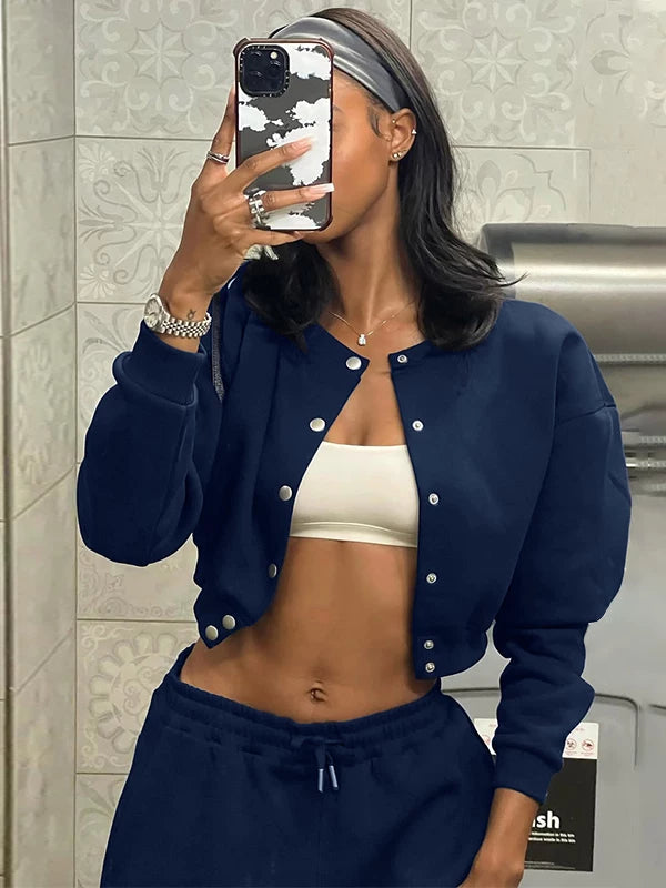 Bxucca | Navy Blue Baseball Jacket for Women – Lightweight Velvet Short Cardigan Autumn & Winter