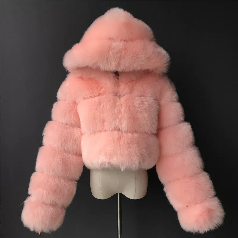 Bxucca | Y2K Faux Fur Hooded Coat for Women – Winter Zip-Up Short Jacket