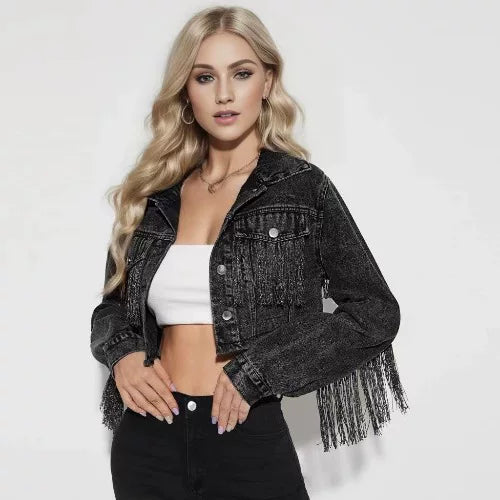 Bxucca | Fringed Denim Short Jacket for Women – Spring & Autumn Trendy Outerwear