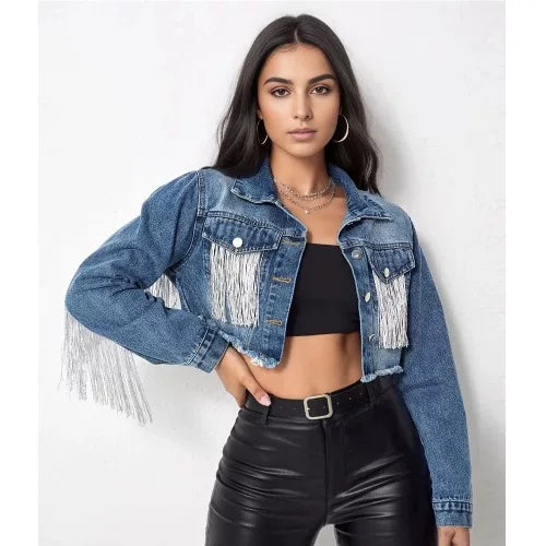 Bxucca | Fringed Denim Short Jacket for Women – Spring & Autumn Trendy Outerwear