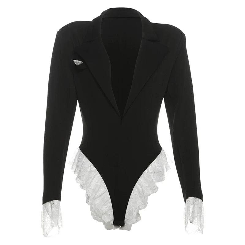 Bxucca | Lace Spliced Deep V-Neck Long-Sleeve Jumpsuit for Women – Slim-Fit One-Piece Top