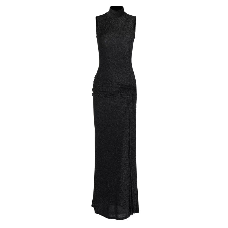 Bxucca | High-Collar Sleeveless Silk Dress for Women – Slim-Fit Figure-Flattering Long Skirt