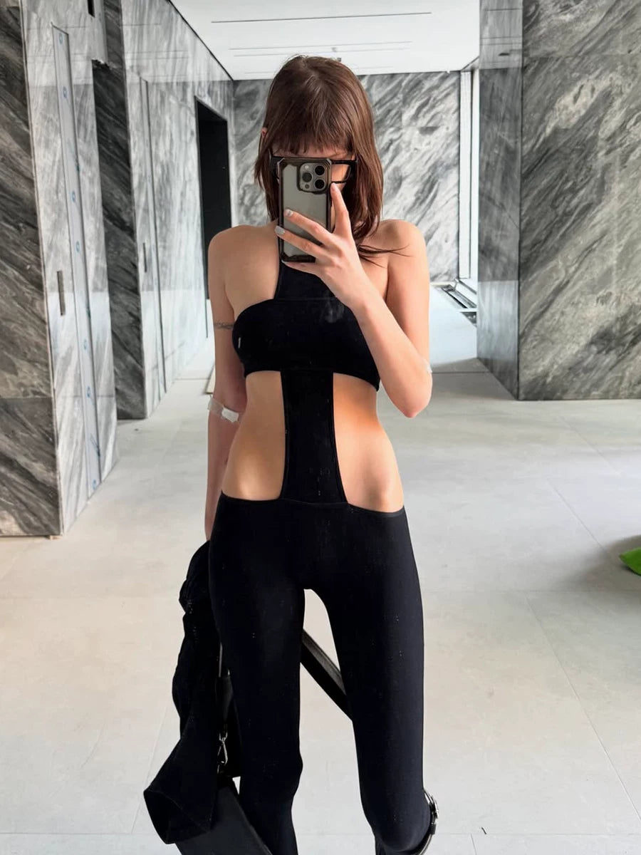 Bxucca | Hollow Backless Halter Neck Jumpsuit for Women – Solid Color Tube Top One-Piece