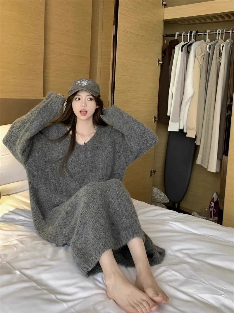 Bxucca | Cozy V-Neck Knit Dress for Women – Loose-Fit Mid-Length Sweater for Autumn & Winter