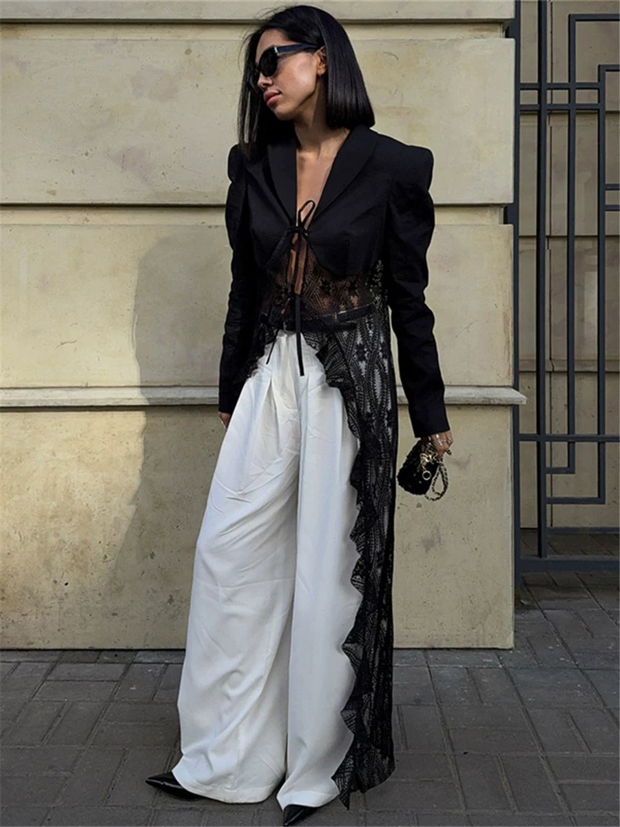 Bxucca | Lace Spliced Lace-Up Cardigan for Women – Slim-Fit Stylish Jacket Top