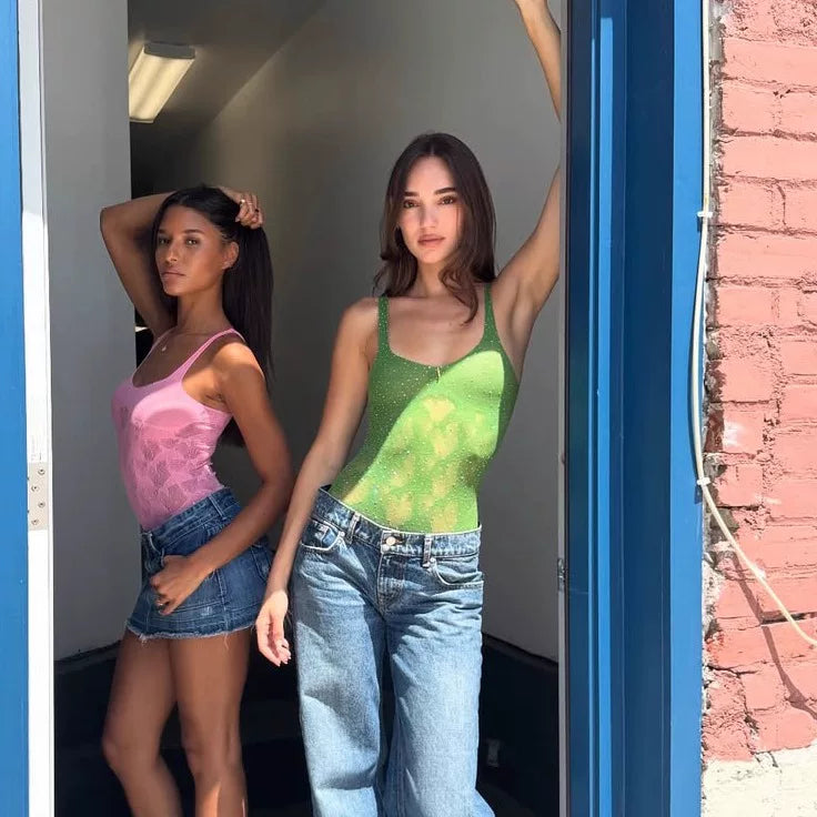 Bxucca | Rhinestone Mesh U-Neck Suspender Jumpsuit for Women – Slim-Fit One-Piece Top