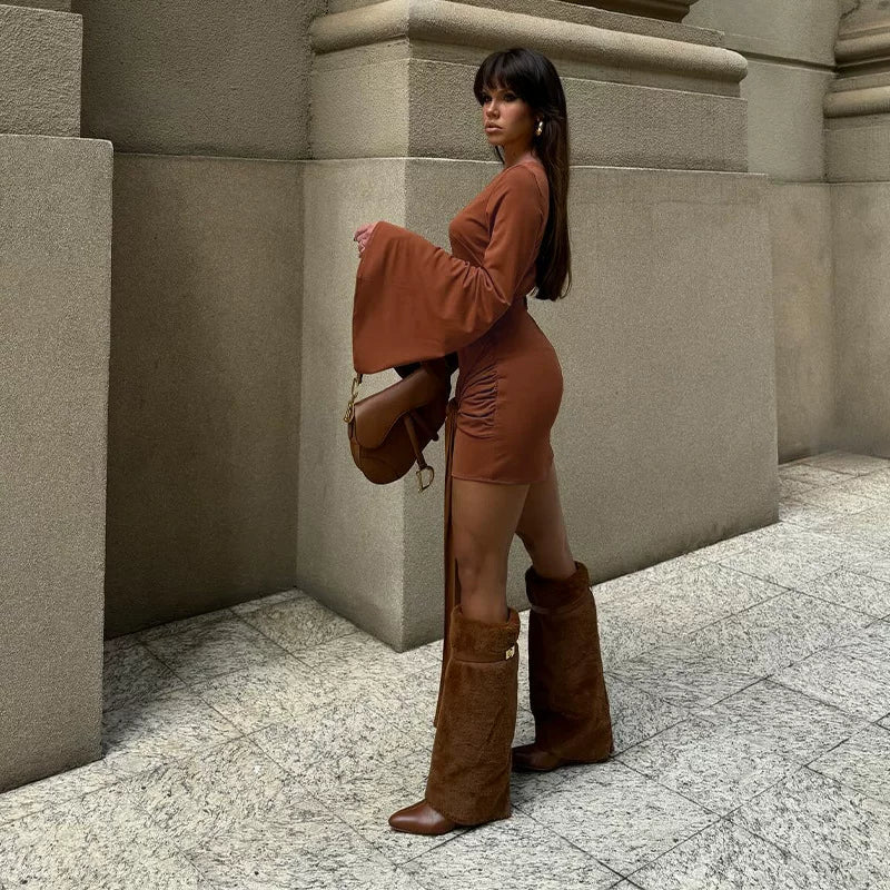 Bxucca | Round-Neck Lace-Up Long-Sleeve Dress for Women – Elegant Casual and Evening Outfit