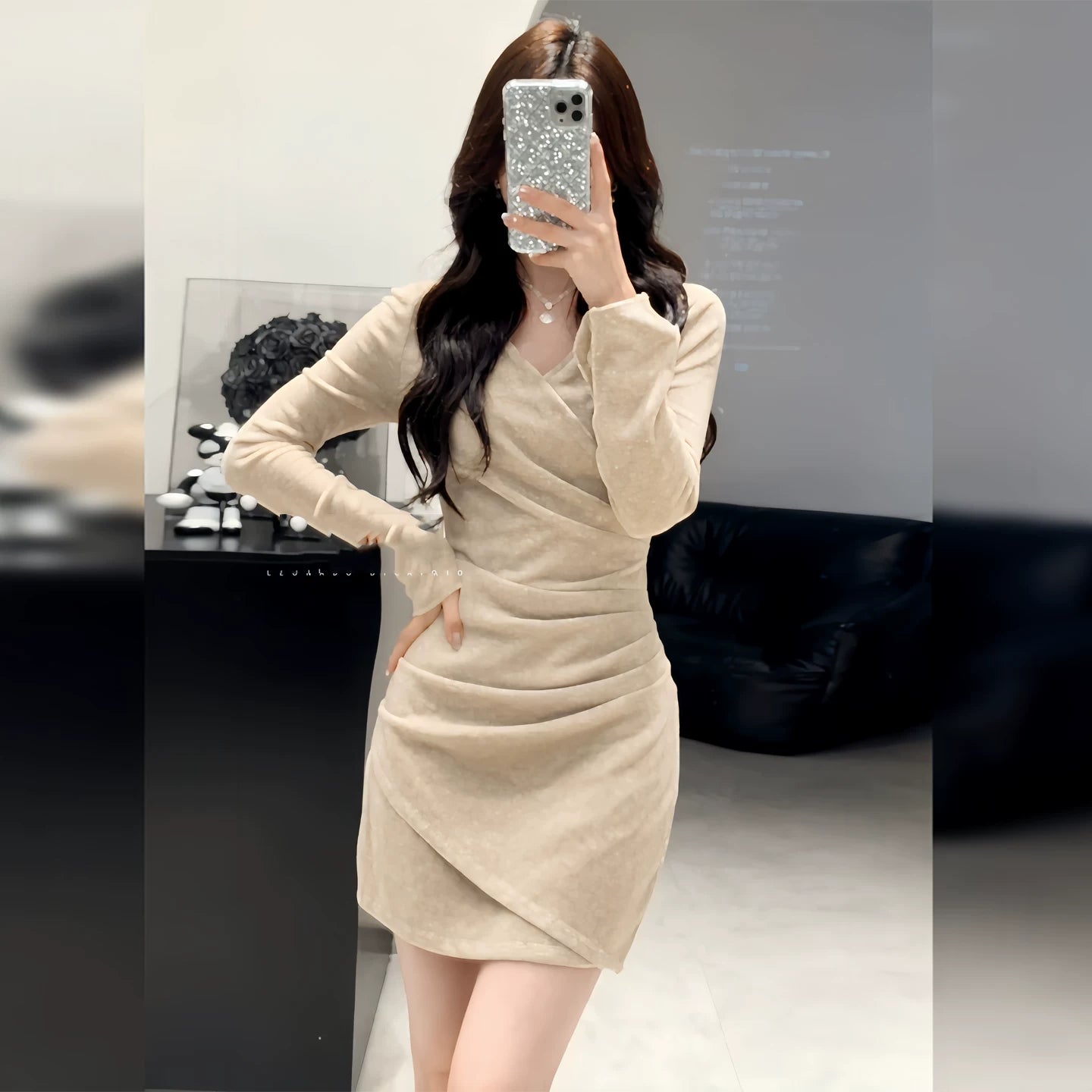 Bxucca | Women's Winter V-Neck Knitted Dress – Slim-Fit Long Sleeve Mini Dress with Defined Waistline