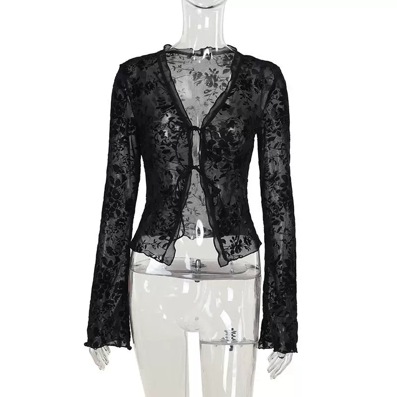 Bxucca | Ruffle Bell Sleeve Velvet Cardigan for Women – Autumn Trendy Open-Front Jacket